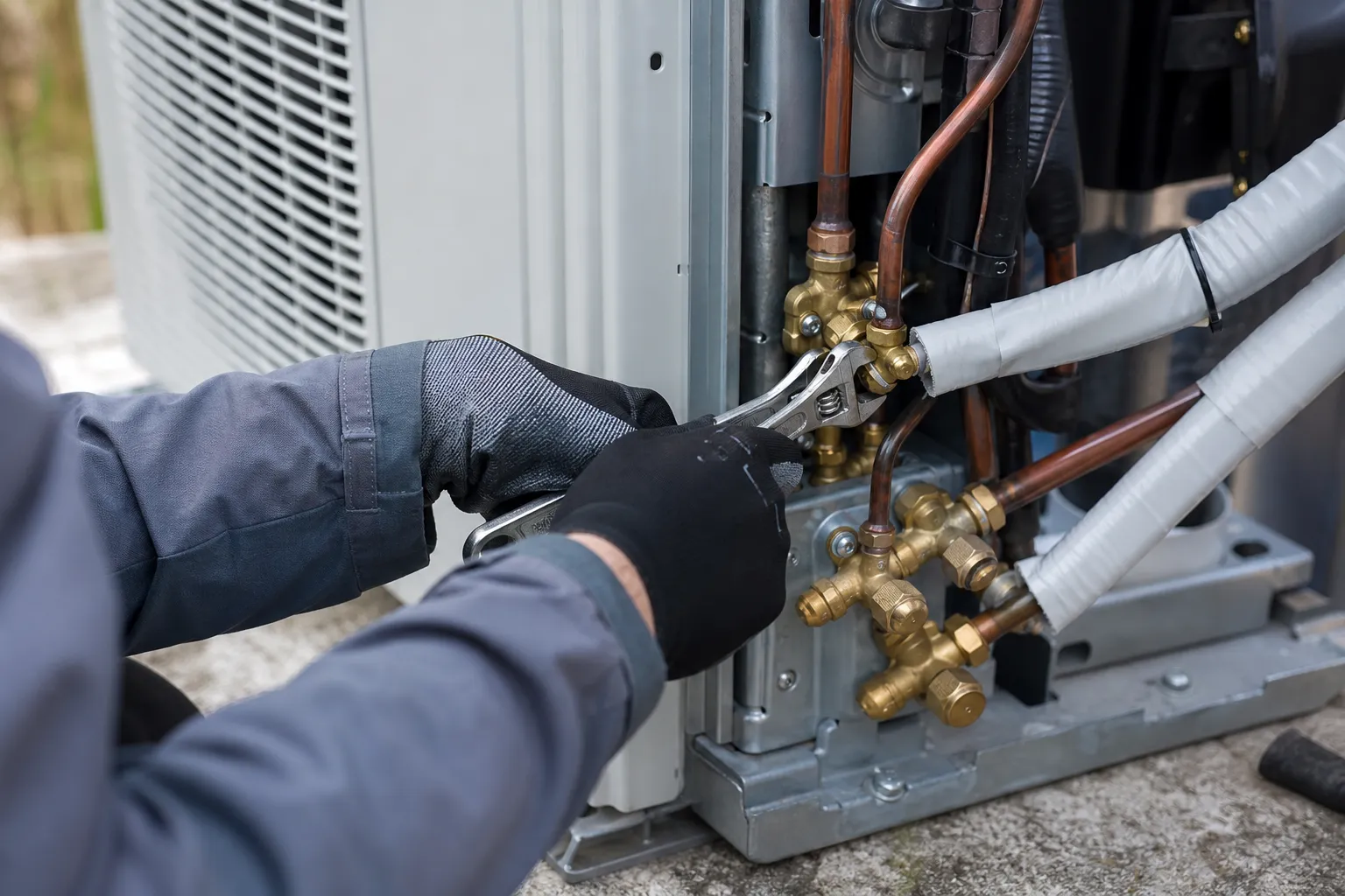 Technicien raccordant les liaisons frigorifiques d'une pompe à chaleur extérieure, gants de travail, cadrage rapproché